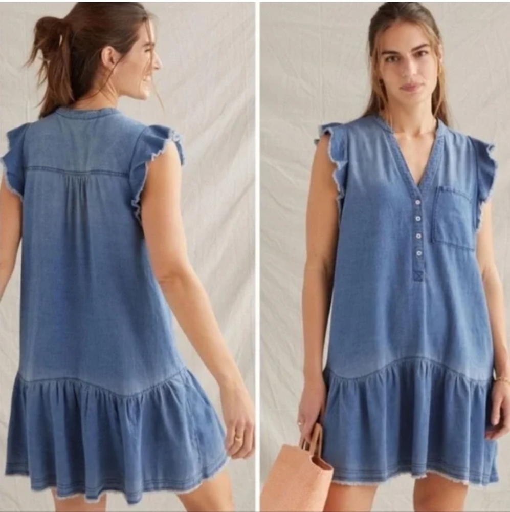 Anthropologie Pilcro distressed denim ruffle sleeve dress size XS Petite